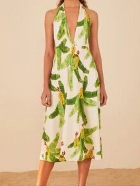 NWT Farm Rio Halter Midi Dress with Green Tropical Leaf Print SIZE Small